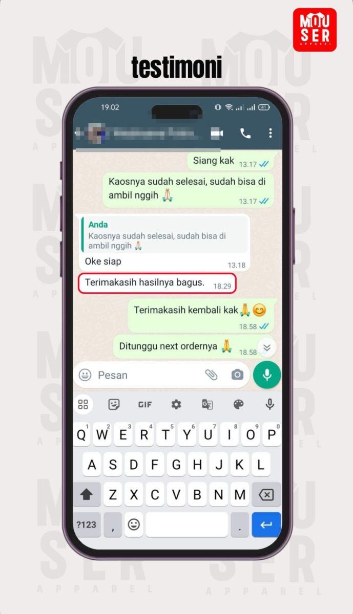 Tangkapan layar percakapan WhatsApp berisi testimoni Wiadnyana; nama kontak dan foto profilnya sengaja dikaburkan.