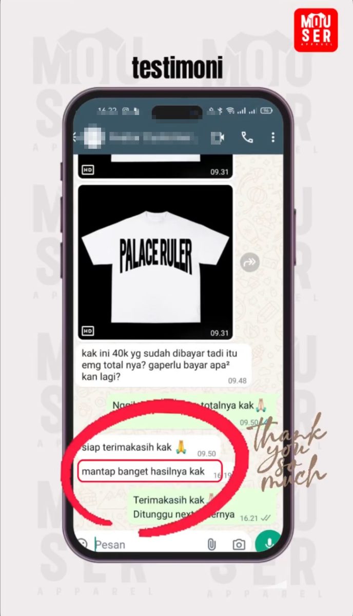 Tangkapan layar percakapan WhatsApp berisi testimoni Pelanggan Mouser; nama kontak dan foto profilnya sengaja dikaburkan.