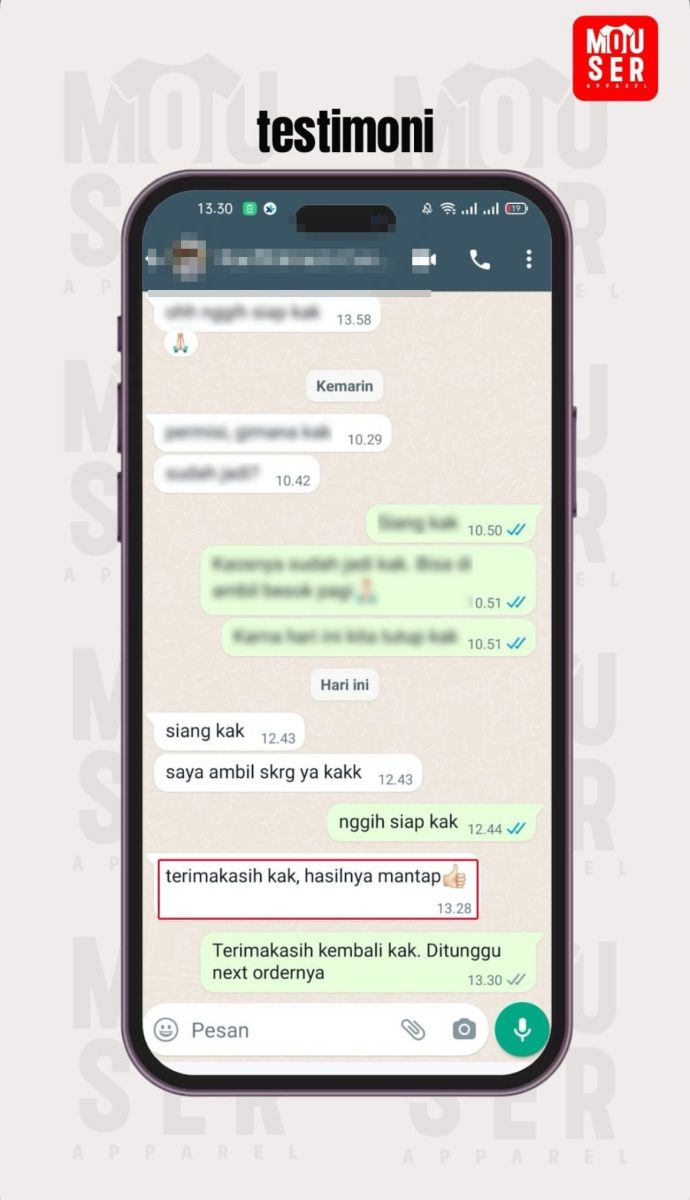 Tangkapan layar percakapan WhatsApp berisi testimoni Ranfi; nama kontak dan foto profilnya sengaja dikaburkan.