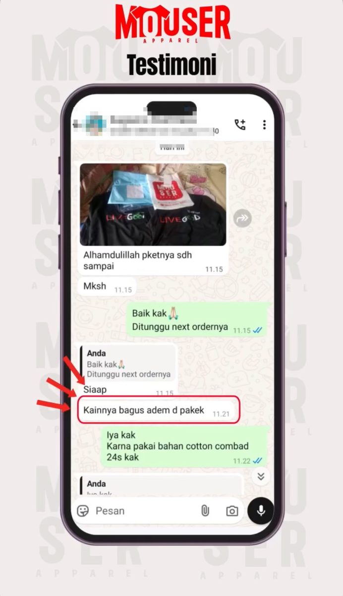 Tangkapan layar percakapan WhatsApp berisi testimoni Sugiarno; nama kontak dan foto profilnya sengaja dikaburkan.