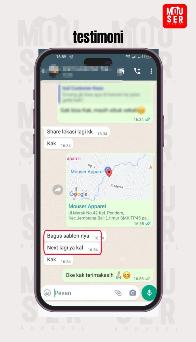 Tangkapan layar percakapan WhatsApp berisi testimoni Izal; nama kontak dan foto profilnya sengaja dikaburkan.